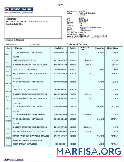 Downloadable India HDFC bank statement word template